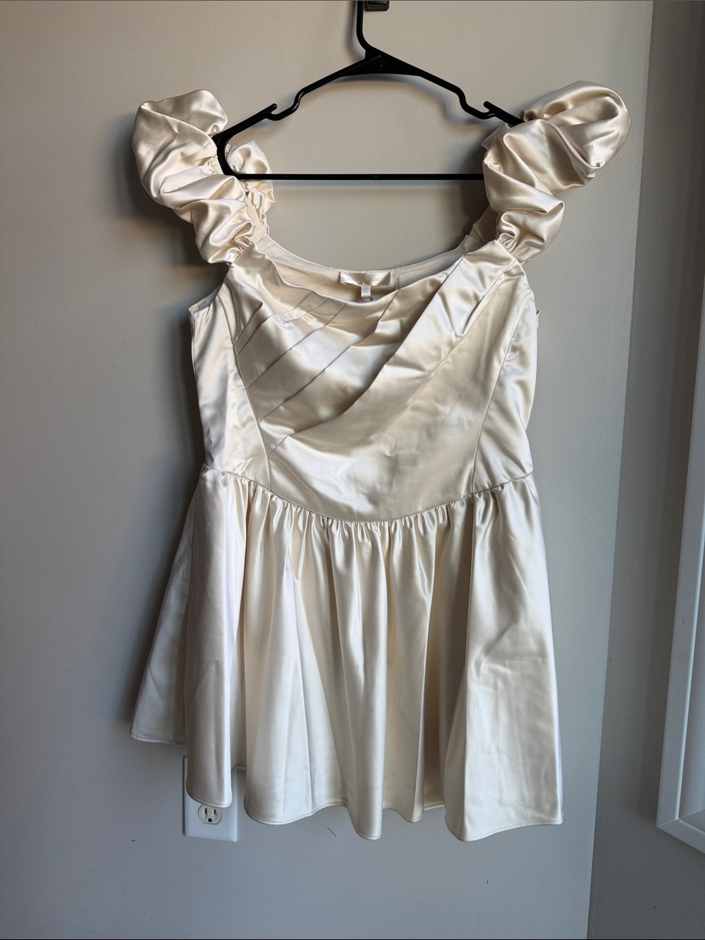 LoveShackFancy Ivory Satin Ruffle Strap Peplum Dress